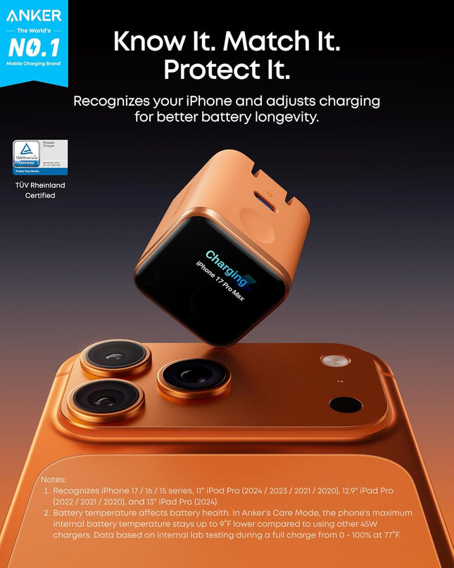 Anker Smart Display Charger,Anker Nano 45W Fast Charging USB C Charger with Smart Recognition,Built-in Care Mode,Compact with 180° Foldable Plug,for iPhone 17/16/15