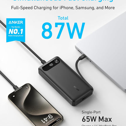 Anker Power Bank, 20,000mAh Travel Essential Portable Charger with Built-in USB-C Cable, 3-Port 87W Max Fast Charging Battery Pack