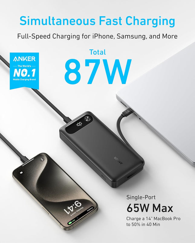 Anker Power Bank, 20,000mAh Travel Essential Portable Charger with Built-in USB-C Cable, 3-Port 87W Max Fast Charging Battery Pack