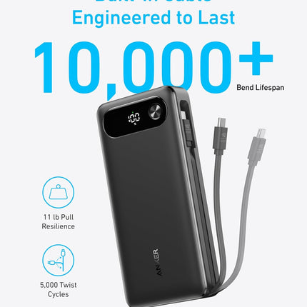 Anker Power Bank, 20,000mAh Travel Essential Portable Charger with Built-in USB-C Cable, 3-Port 87W Max Fast Charging Battery Pack
