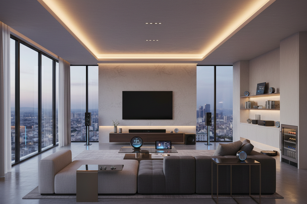 generate an Image of a smarthome which has speakers, home theater, modern electronics home appliances 